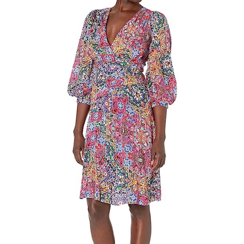 Calvin Klein Women's V-Neck Knee Length Dress with Puffed Sleeves Size 10